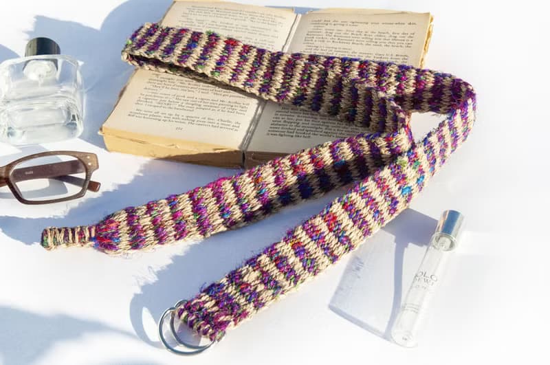 手工編織棉麻腰帶 手工梭織皮帶-熱帶彩虹星辰條紋 手捻紗麗絲線