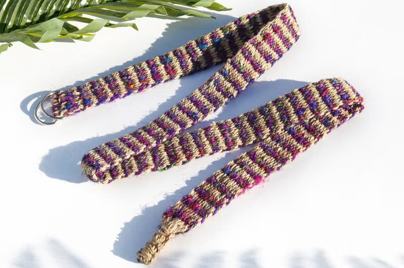 手工編織棉麻腰帶 手工梭織皮帶-熱帶彩虹星辰條紋 手捻紗麗絲線