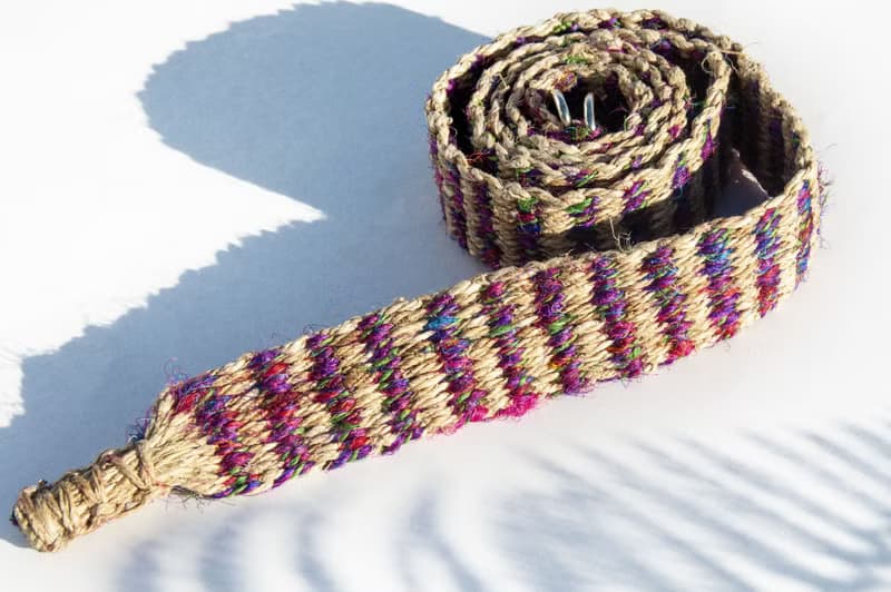 手工編織棉麻腰帶 手工梭織皮帶-熱帶彩虹星辰條紋 手捻紗麗絲線