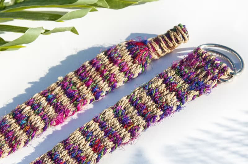 手工編織棉麻腰帶 手工梭織皮帶-熱帶彩虹星辰條紋 手捻紗麗絲線