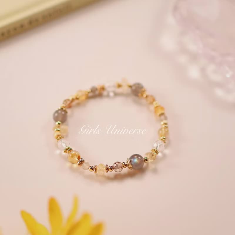 淘金客。拉長石 黑金超七 黃水晶 14K包金 水晶礦石設計手鍊