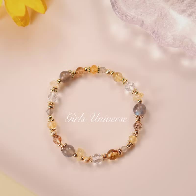 淘金客。拉長石 黑金超七 黃水晶 14K包金 水晶礦石設計手鍊