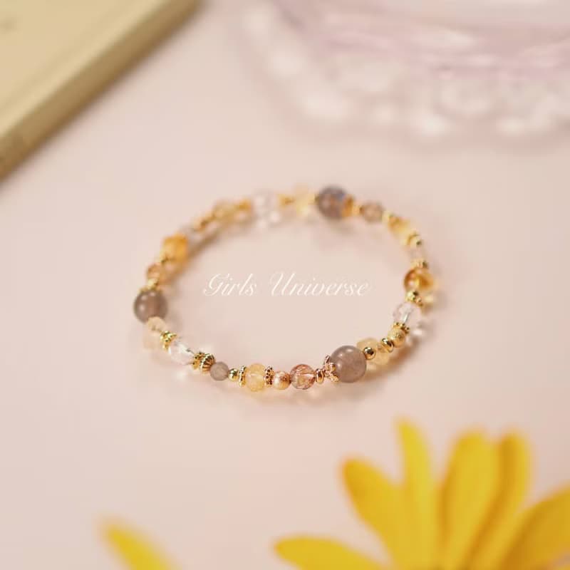 淘金客。拉長石 黑金超七 黃水晶 14K包金 水晶礦石設計手鍊