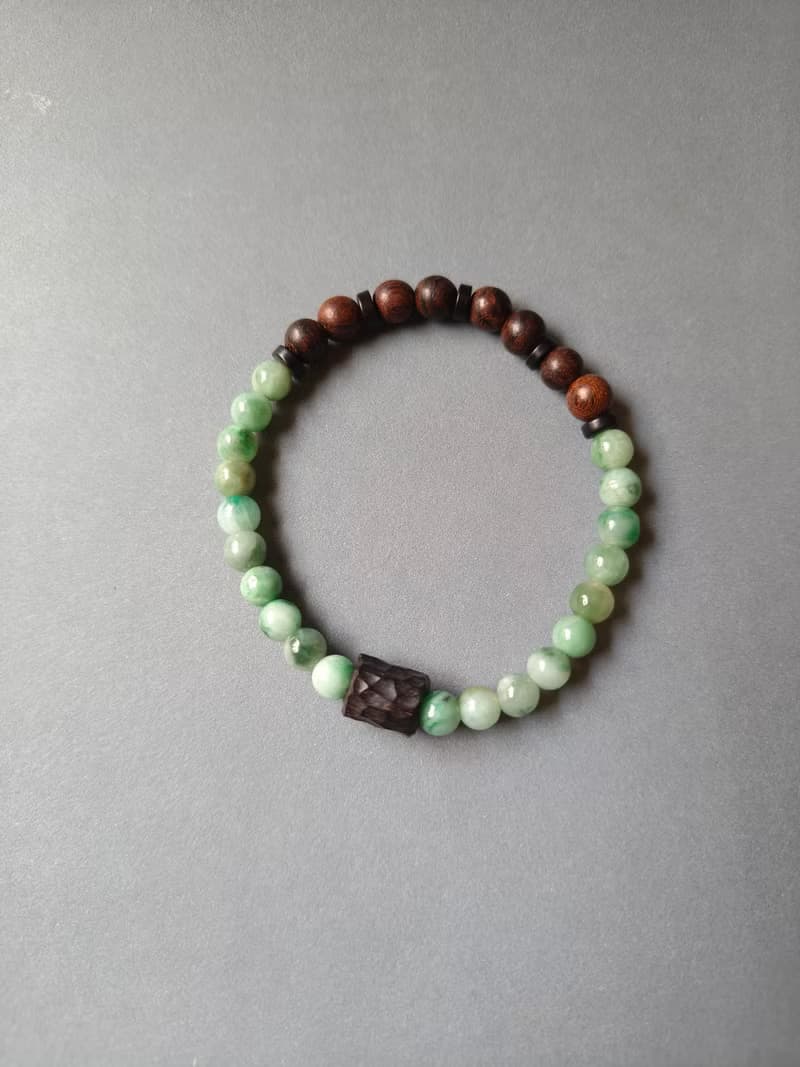 天然緬甸綠飄花翡翠圓珠 檀木珠手串手鍊