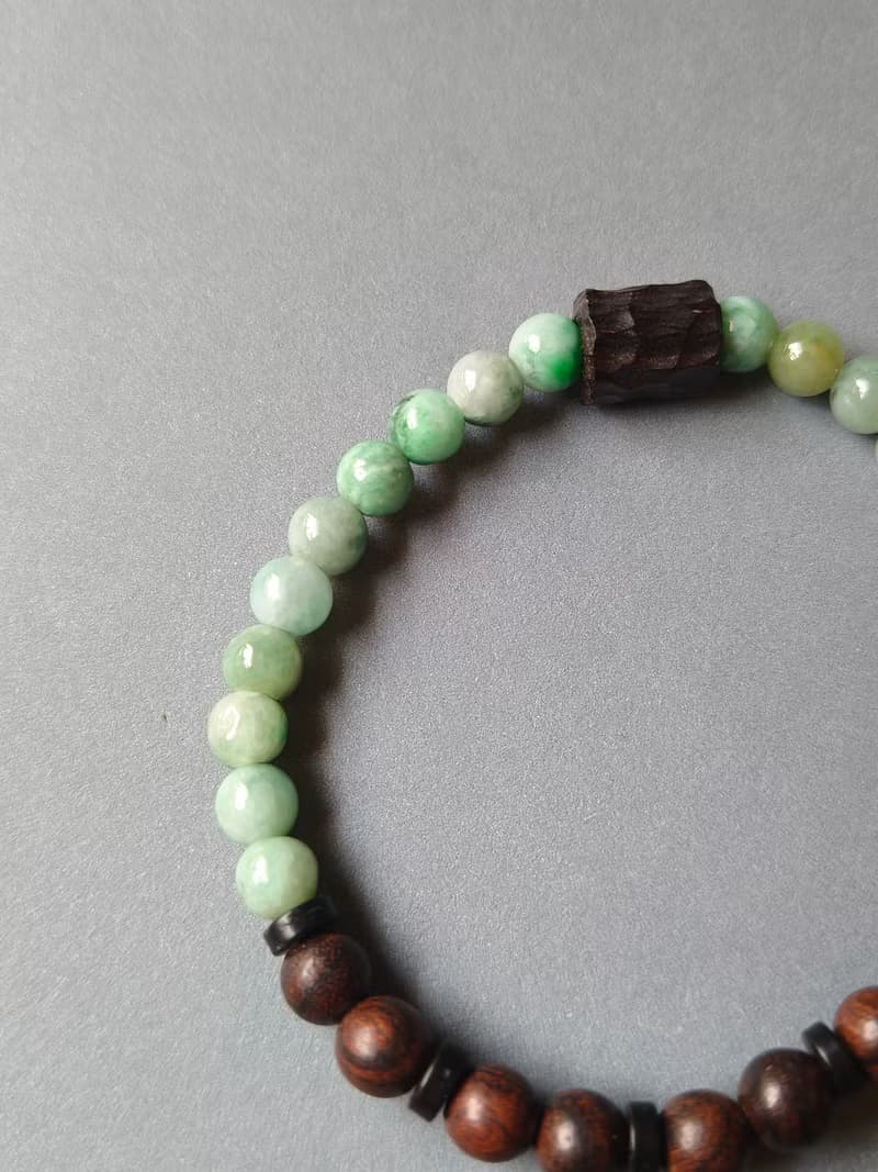 天然緬甸綠飄花翡翠圓珠 檀木珠手串手鍊
