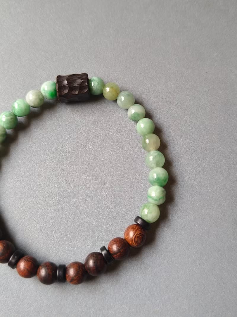 天然緬甸綠飄花翡翠圓珠 檀木珠手串手鍊