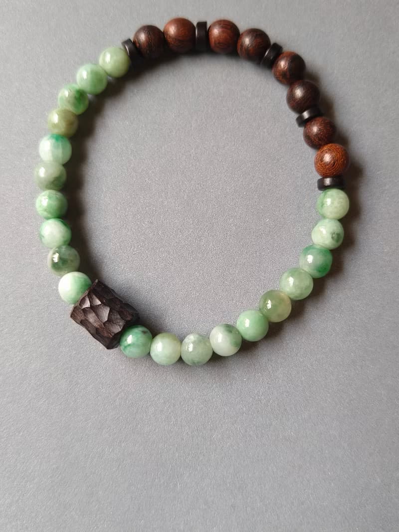 天然緬甸綠飄花翡翠圓珠 檀木珠手串手鍊