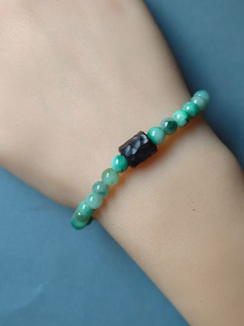 天然緬甸綠飄花翡翠圓珠 檀木珠手串手鍊