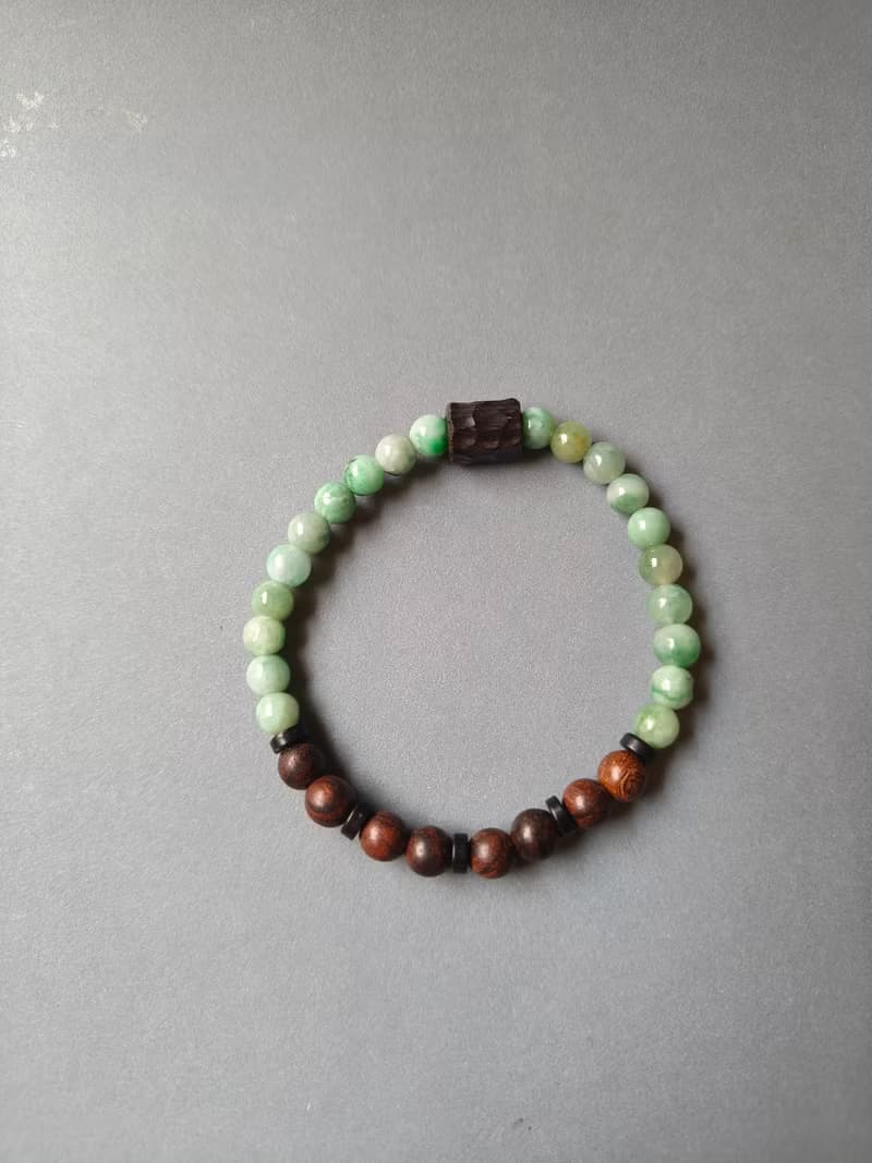天然緬甸綠飄花翡翠圓珠 檀木珠手串手鍊
