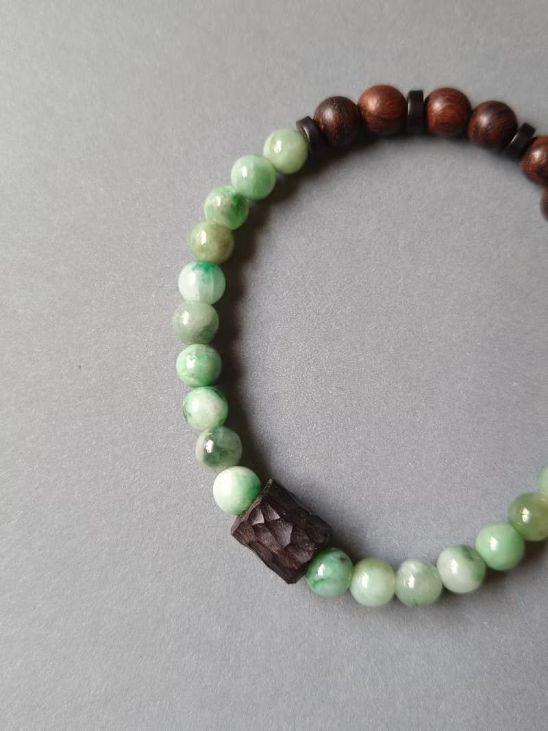 天然緬甸綠飄花翡翠圓珠 檀木珠手串手鍊