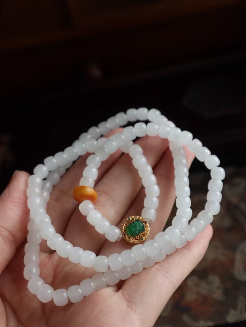 天然和田玉手鏈多圈羊脂玉老型珠手鏈搭配銀鑲狐狸招財闢邪保平安