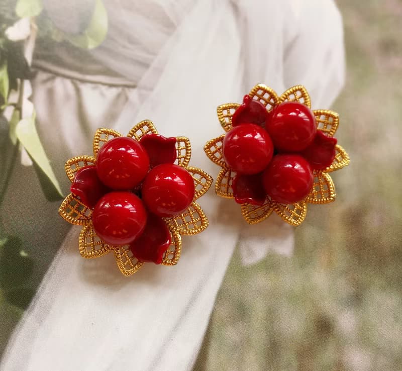 Vintage Jewelry 西洋古董飾品 立體紅果子 珠花 夾式耳環