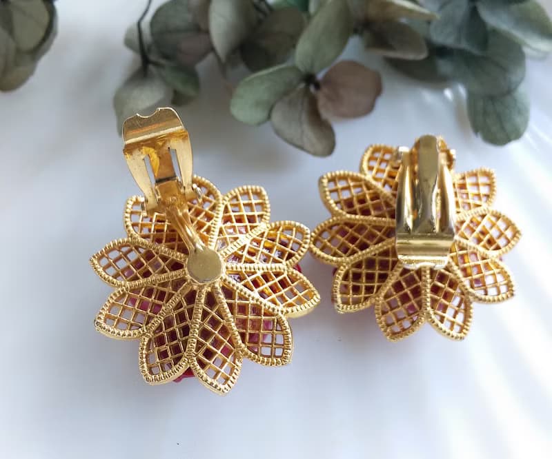 Vintage Jewelry 西洋古董飾品 立體紅果子 珠花 夾式耳環