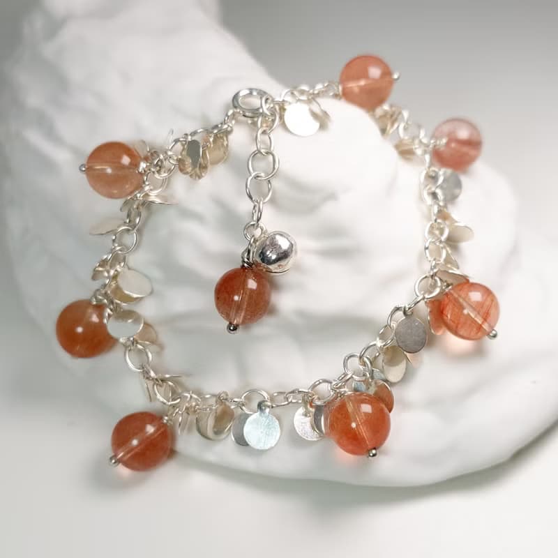手鍊 橘紅色 兔毛水晶 925銀飾 鈴鐺 手珠 寶石