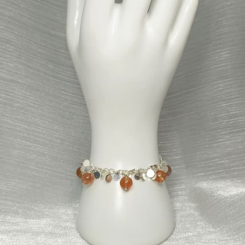 手鍊 橘紅色 兔毛水晶 925銀飾 鈴鐺 手珠 寶石