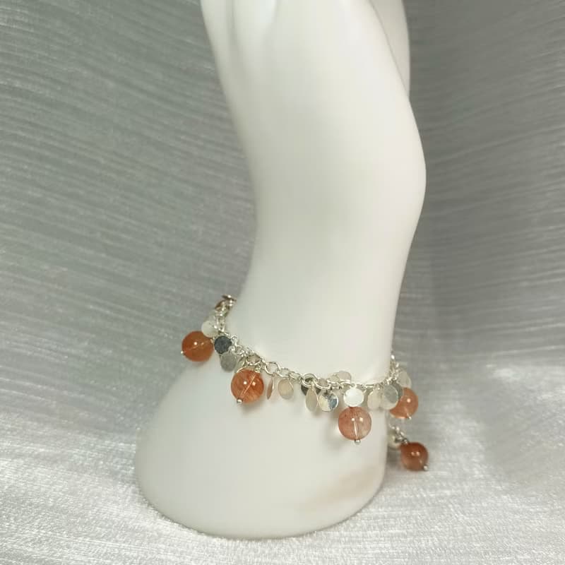 手鍊 橘紅色 兔毛水晶 925銀飾 鈴鐺 手珠 寶石