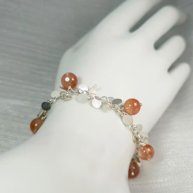 手鍊 橘紅色 兔毛水晶 925銀飾 鈴鐺 手珠 寶石