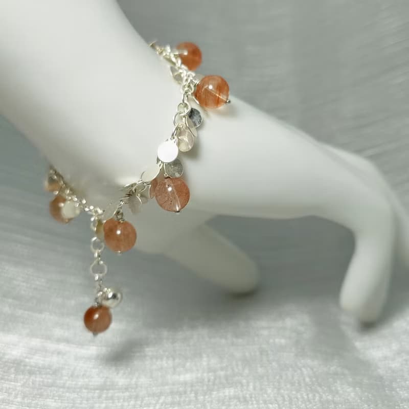 手鍊 橘紅色 兔毛水晶 925銀飾 鈴鐺 手珠 寶石