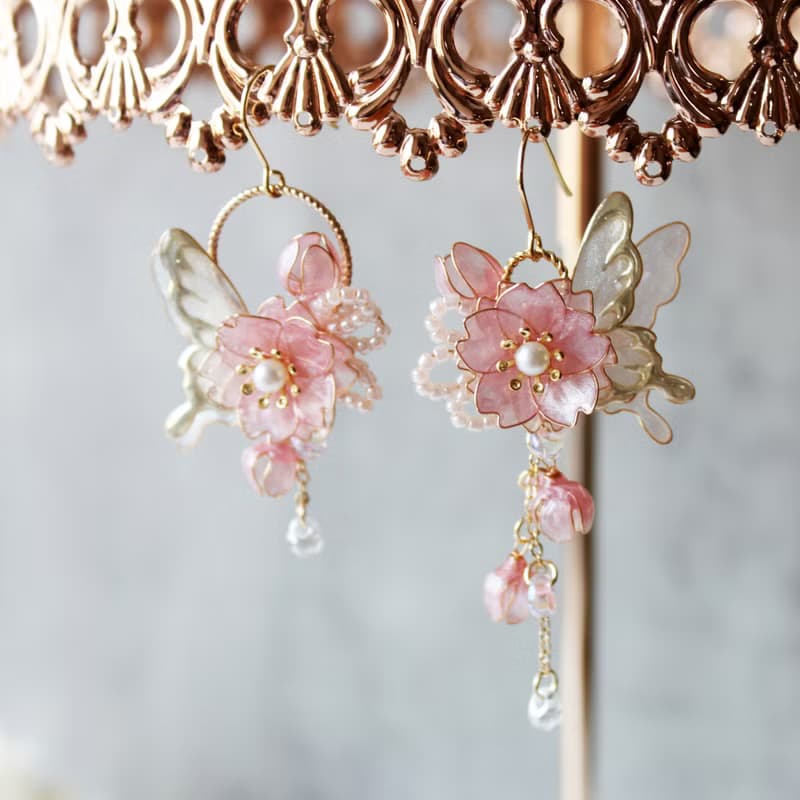 【粉櫻與蝶耳環】 不對稱耳環 櫻花 蝴蝶 耳環 耳夾