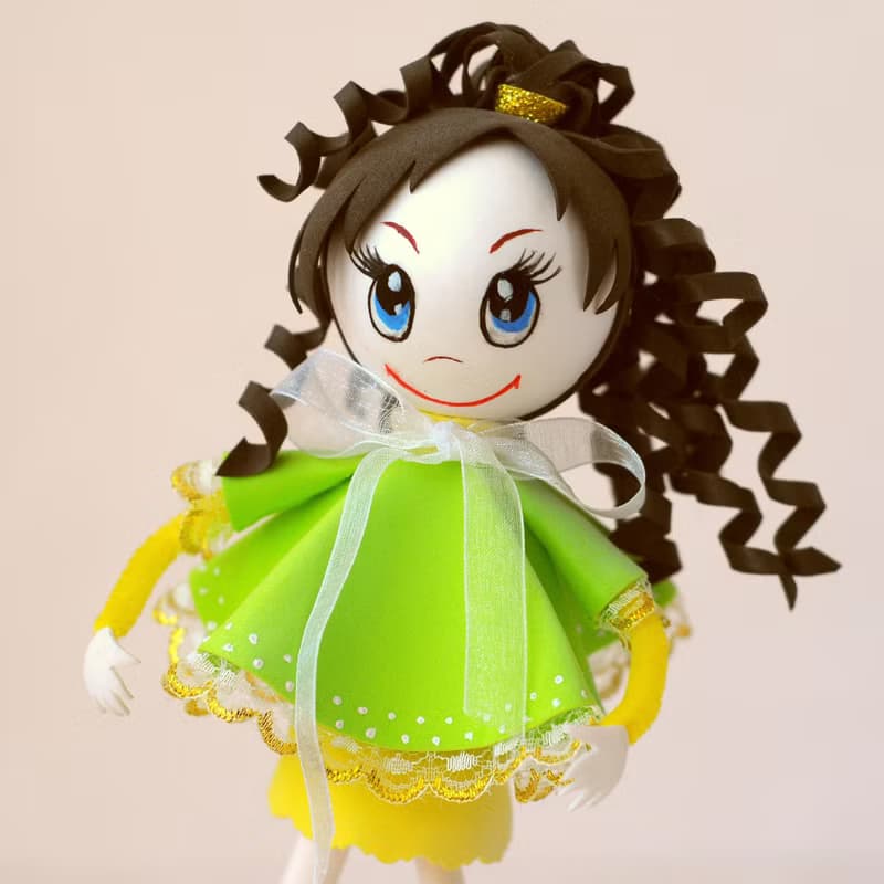 Handmade little doll with curly hair fun gift. Interior doll. Unique art doll.