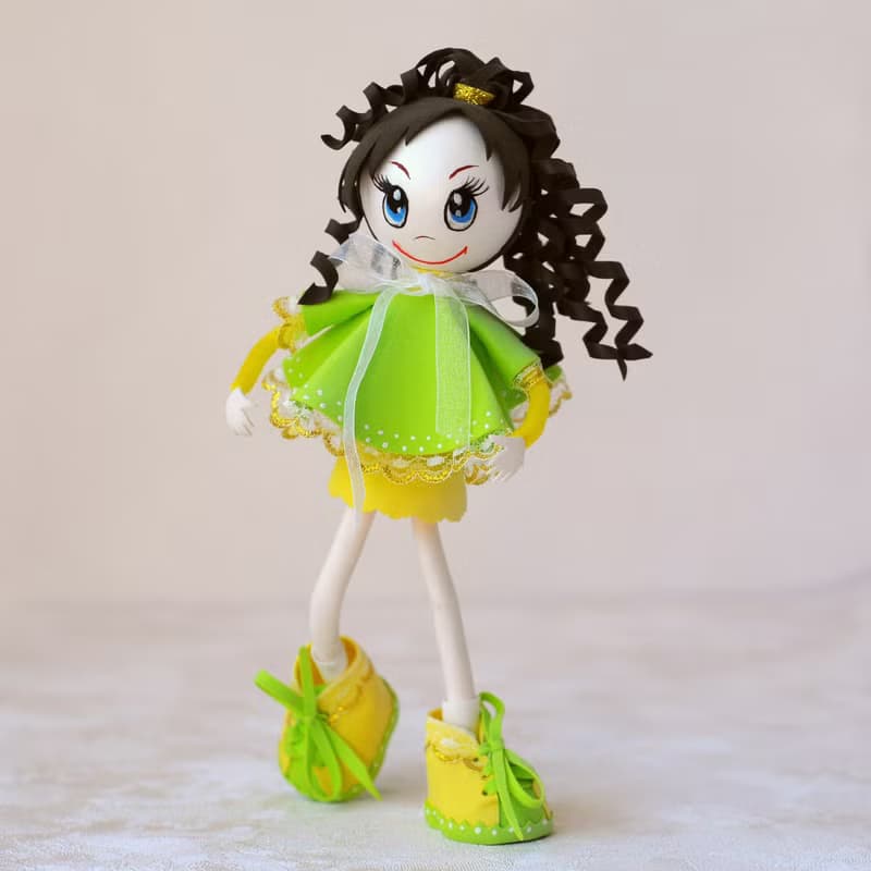 Handmade little doll with curly hair fun gift. Interior doll. Unique art doll.