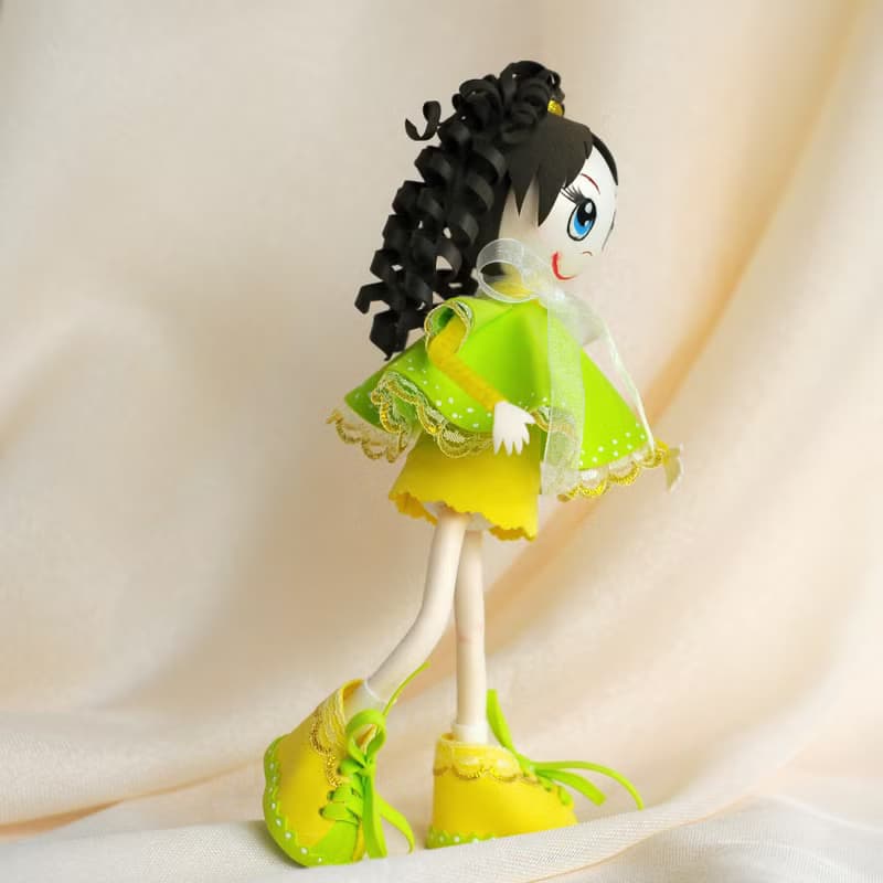 Handmade little doll with curly hair fun gift. Interior doll. Unique art doll.