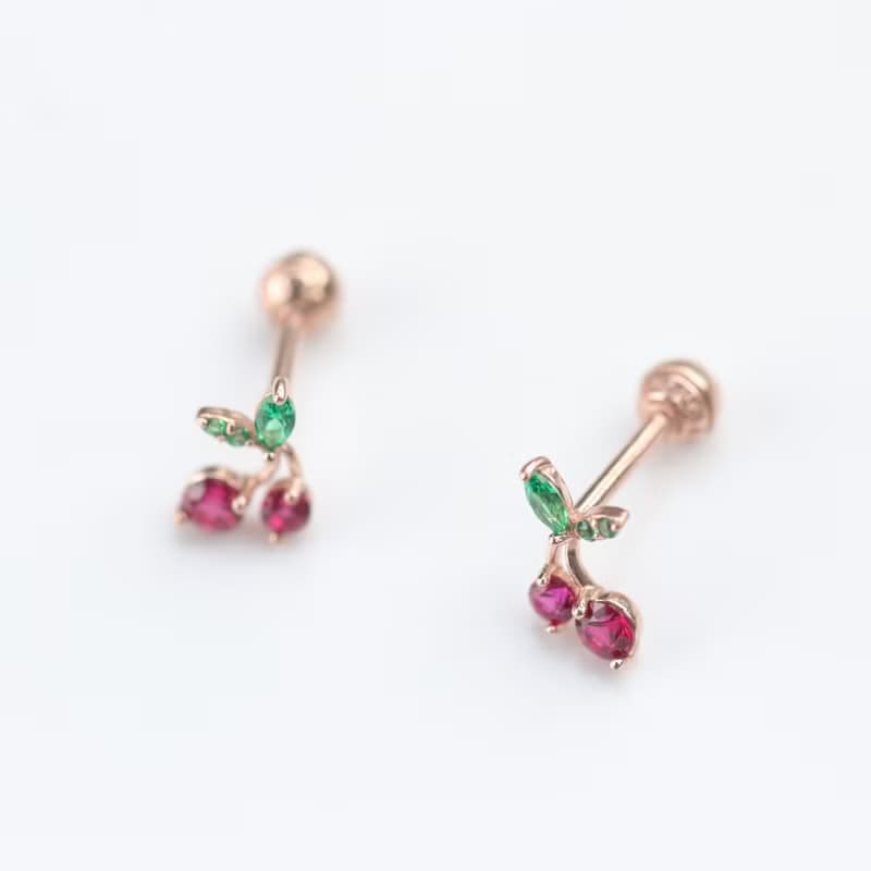 14K Cherry Piercing 櫻桃鎖珠耳環(單個)耳骨 耳窩 不退色