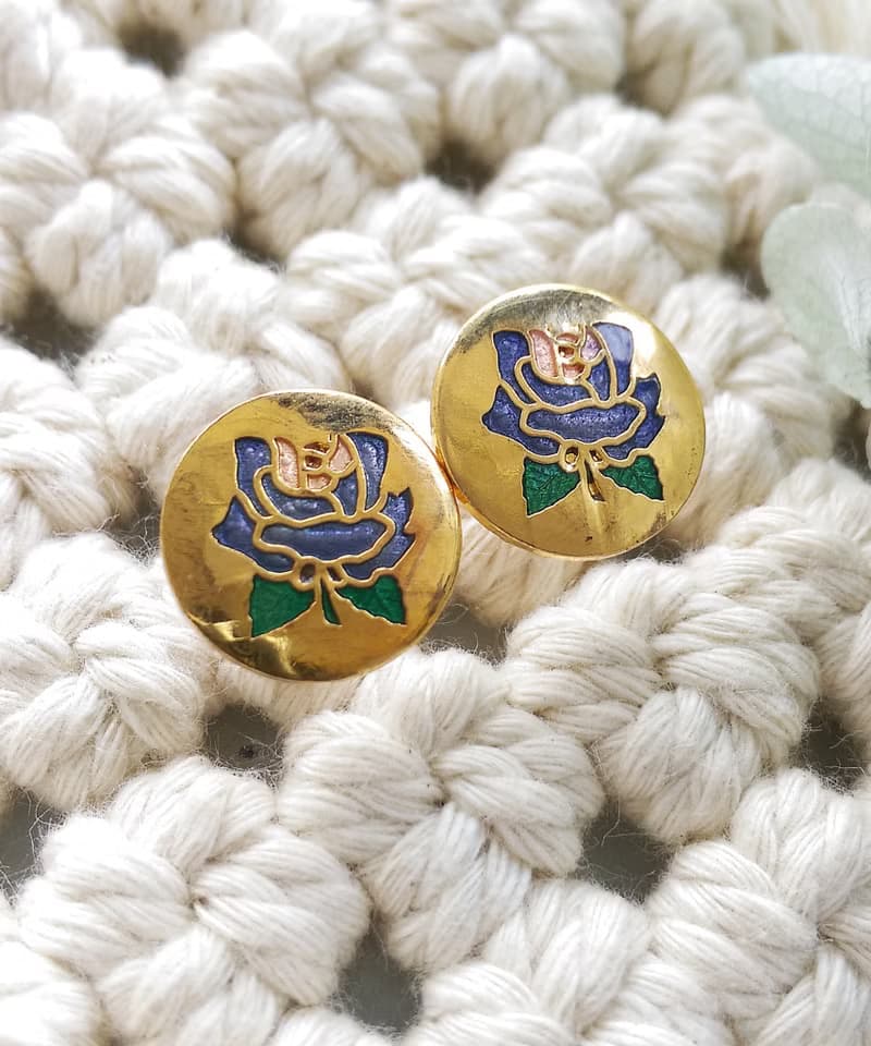 Vintage Jewelry 西洋古董飾品 景泰藍 紫玫瑰 小巧 針式耳環