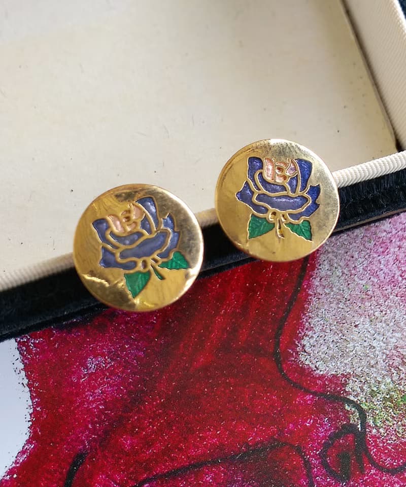 Vintage Jewelry 西洋古董飾品 景泰藍 紫玫瑰 小巧 針式耳環