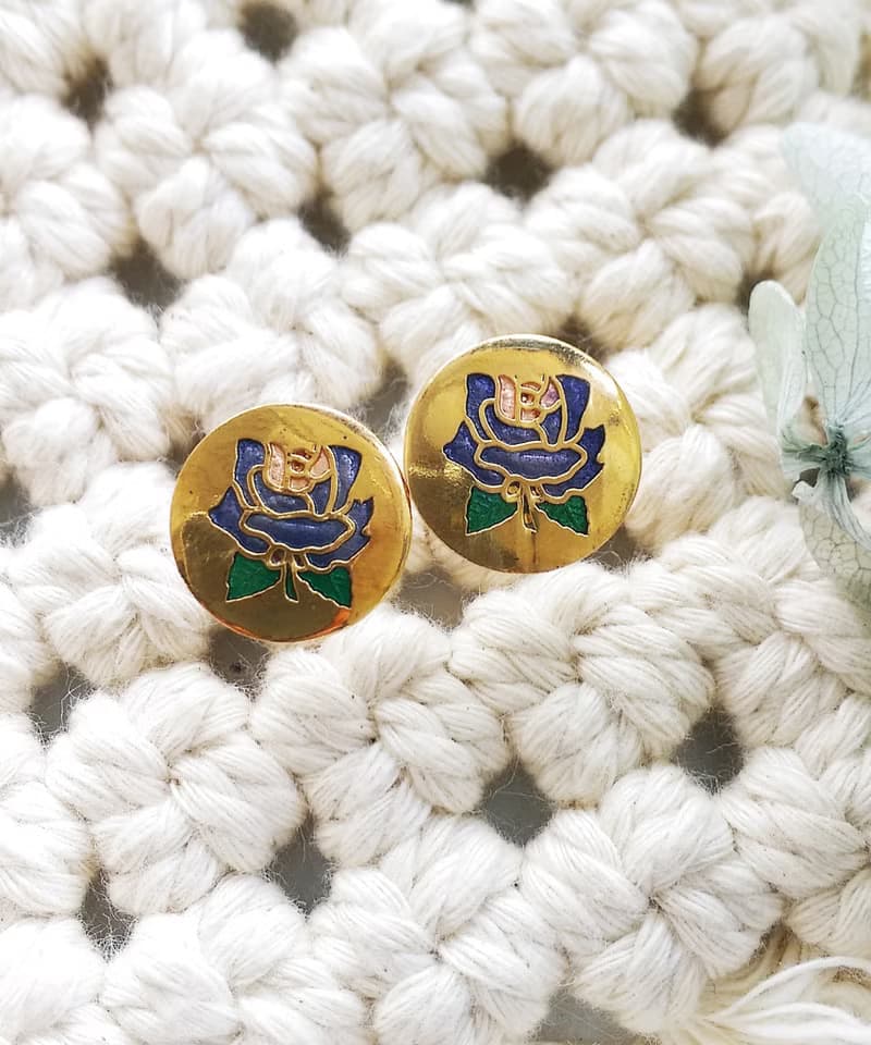Vintage Jewelry 西洋古董飾品 景泰藍 紫玫瑰 小巧 針式耳環
