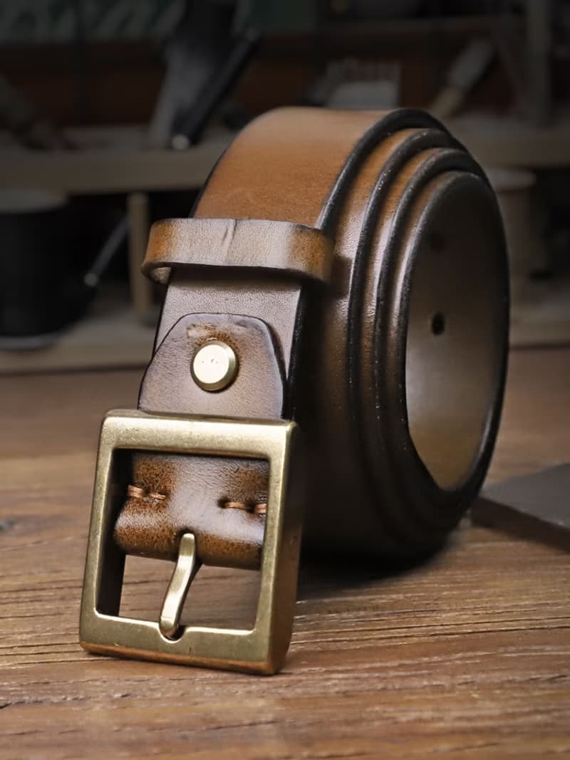美式復古真皮腰帶 加厚頭層牛皮黃銅針扣皮帶