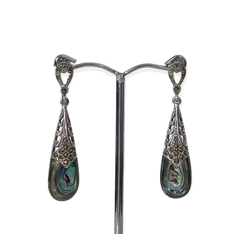 Art Deco Style Teardrop Paua Shell & Marcasite Earrings/Set 925 Sterling Silver