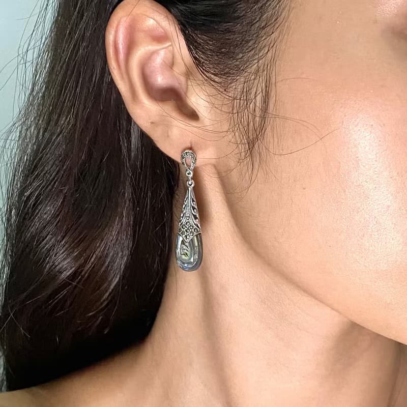 Art Deco Style Teardrop Paua Shell & Marcasite Earrings/Set 925 Sterling Silver