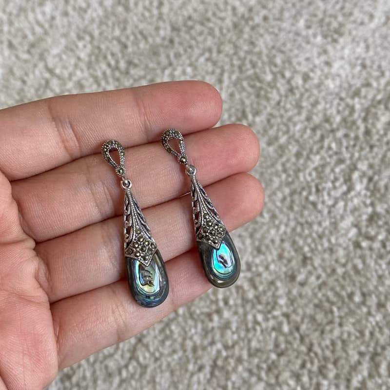 Art Deco Style Teardrop Paua Shell & Marcasite Earrings/Set 925 Sterling Silver