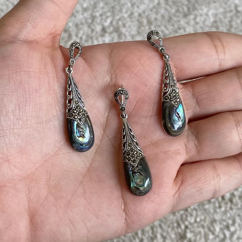 Art Deco Style Teardrop Paua Shell & Marcasite Earrings/Set 925 Sterling Silver