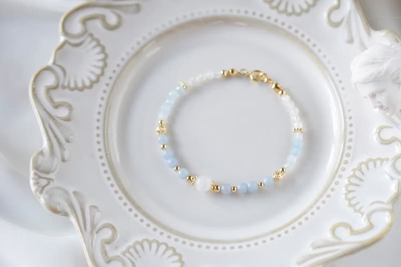 湛空。天使石 月亮石 海藍寶 白月亮石 18K包金 水晶 手鍊