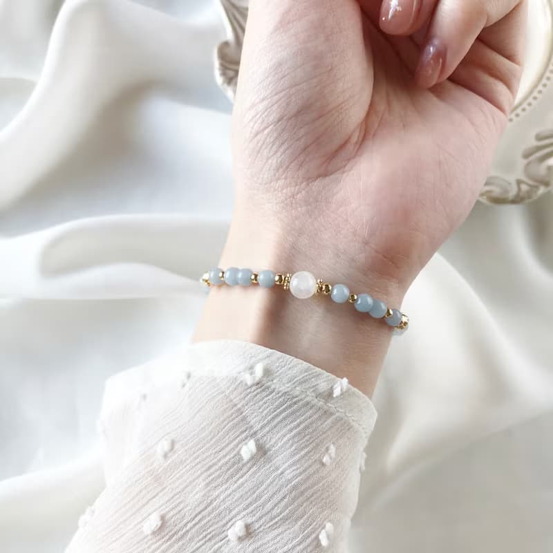 湛空。天使石 月亮石 海藍寶 白月亮石 18K包金 水晶 手鍊