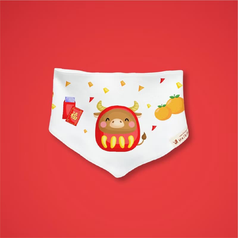 福牛達摩不倒翁  純棉 三角巾 口水巾 嬰兒 寶寶 新年 春節 禮物 開運招財 2021
