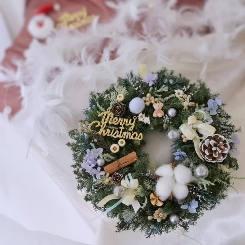 可愛小熊 雪松聖誕花圈藍色裝飾 永生聖誕花圈 聖誕節禮物