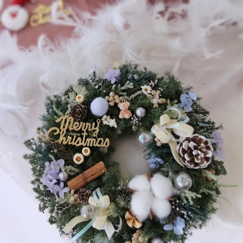 可愛小熊 雪松聖誕花圈藍色裝飾 永生聖誕花圈 聖誕節禮物