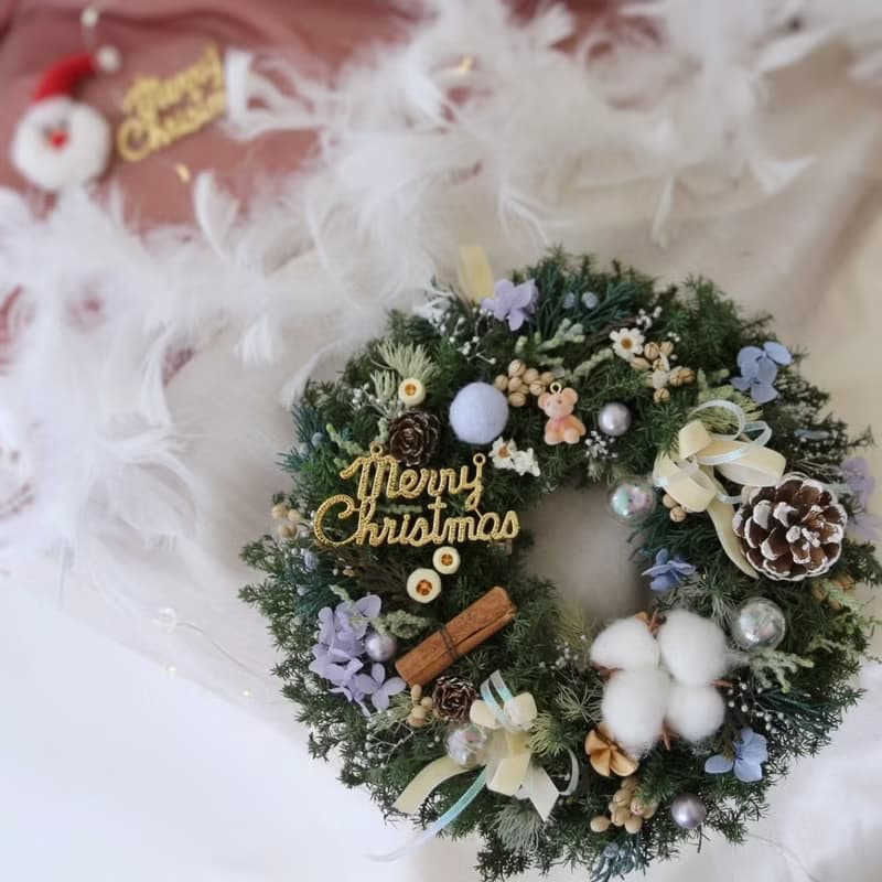 可愛小熊 雪松聖誕花圈藍色裝飾 永生聖誕花圈 聖誕節禮物
