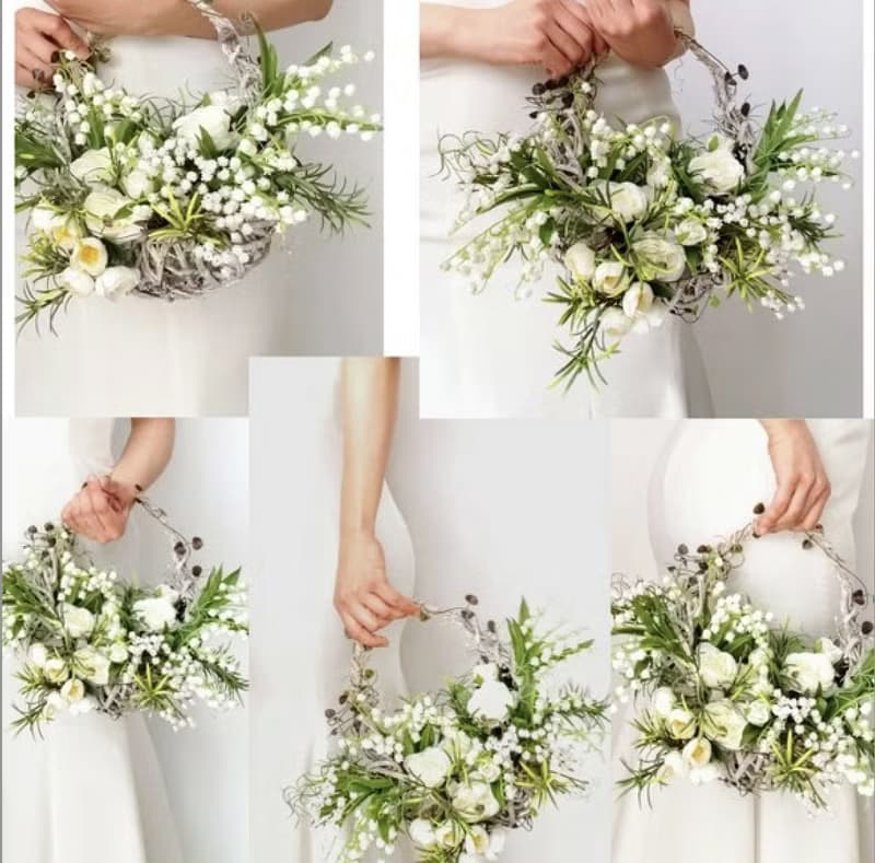 可愛い 鈴蘭とバラのバスケットブーケ 造花ブーケ 枯れない花のブーケ スズラン 結婚式 花嫁 アーティフィシャルフラワー