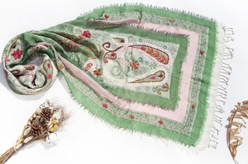 喀什米爾Cashmere/水煮羊毛披肩/針織圍巾/刺繡圍巾/羊絨披巾-花