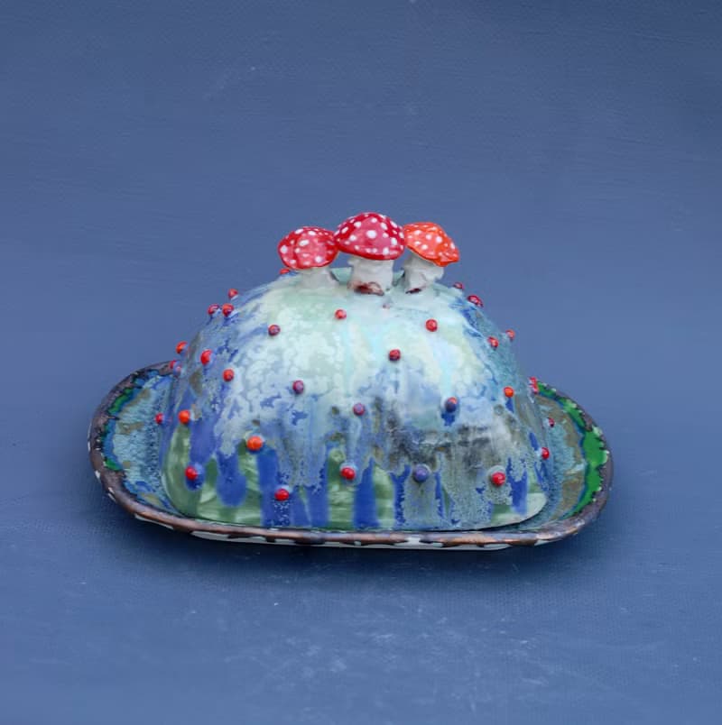 Mushrooms Handmade Ceramic Butter Dish Alice in Wonderland style Amanita decor