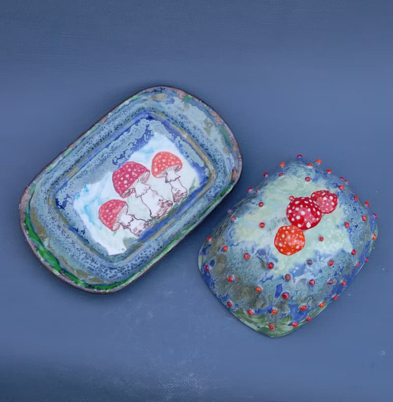 Mushrooms Handmade Ceramic Butter Dish Alice in Wonderland style Amanita decor