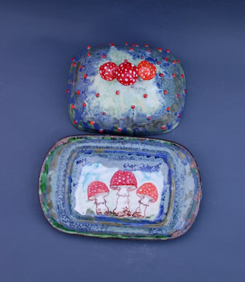 Mushrooms Handmade Ceramic Butter Dish Alice in Wonderland style Amanita decor