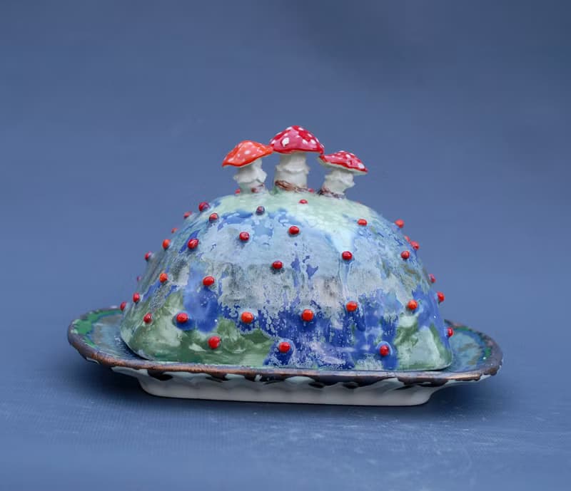 Mushrooms Handmade Ceramic Butter Dish Alice in Wonderland style Amanita decor