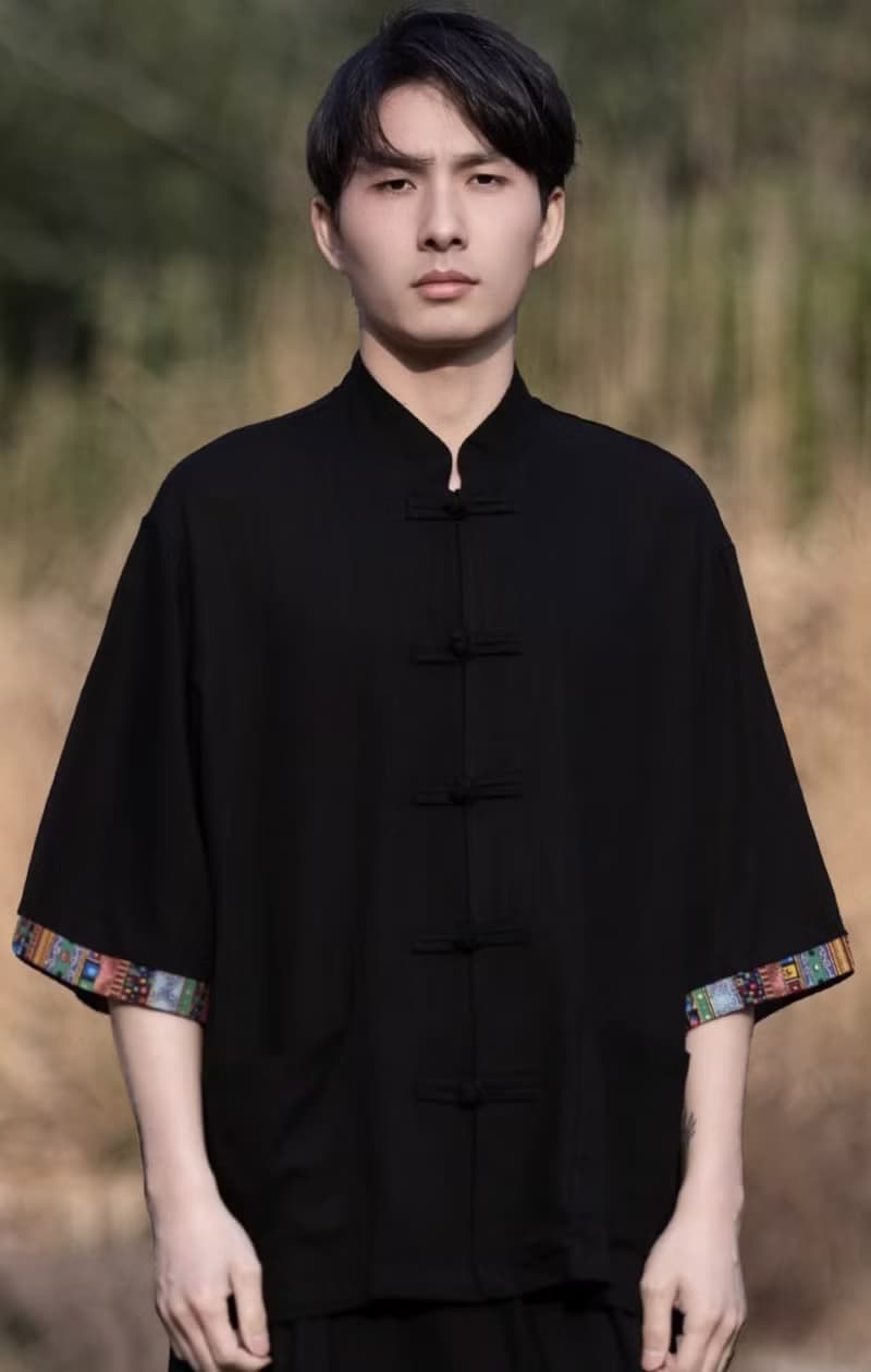 新中式復古 亞麻短袖襯衫 中國風立領唐裝