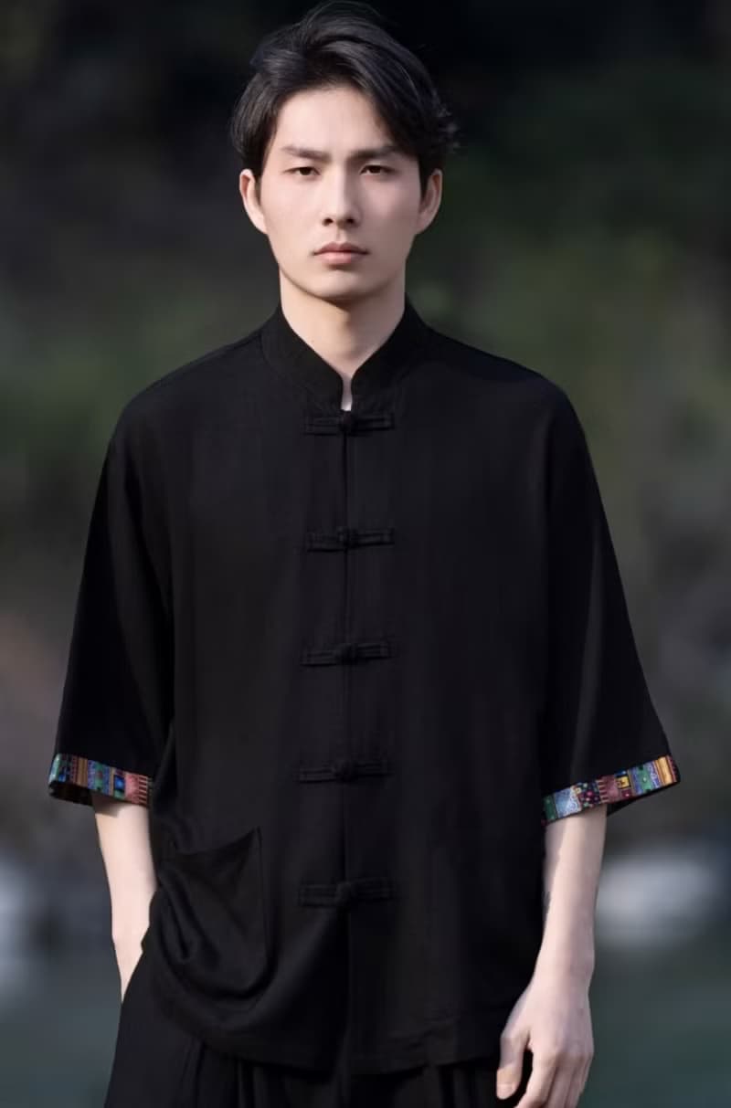 新中式復古 亞麻短袖襯衫 中國風立領唐裝