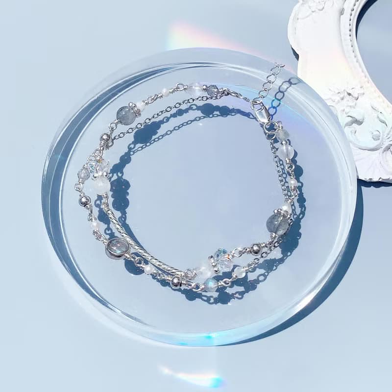 月光石 拉長石 淡水珍珠 925純銀 手工繞線 天然水晶 雙層手鍊